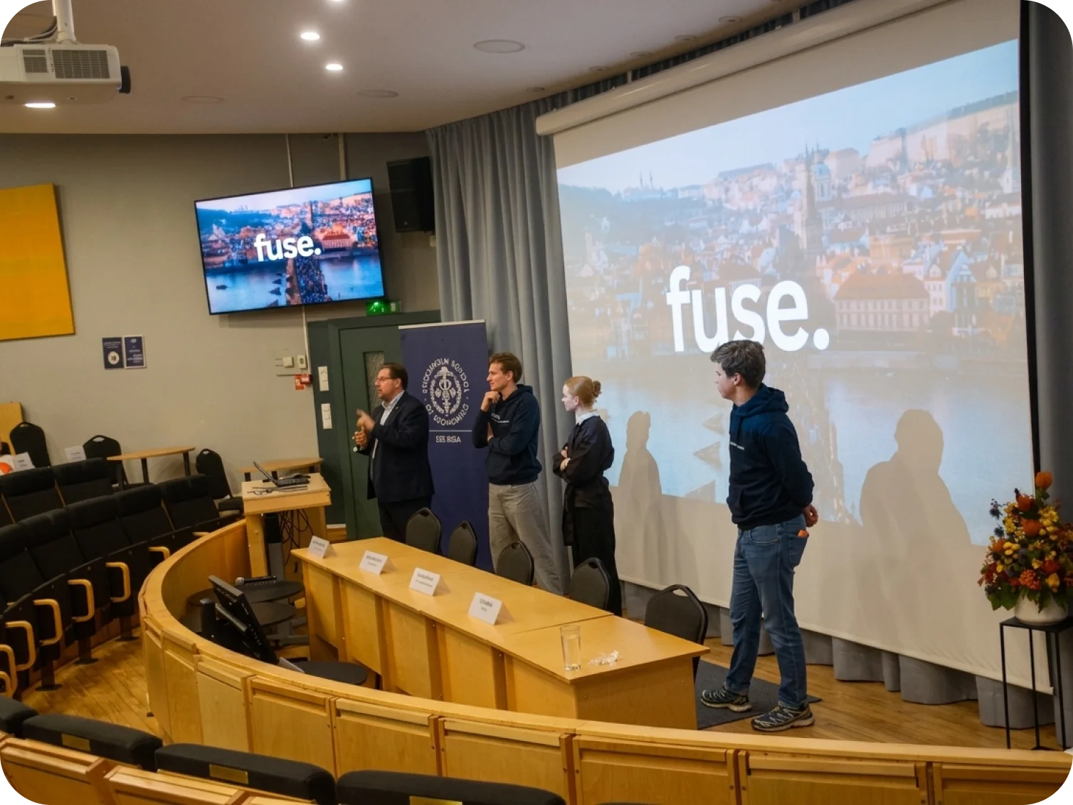 The Fuse team presenting to students in a university auditorium