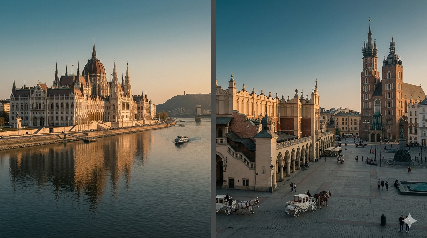 Erasmus student between two city scenes, Budapest's Parliament on the Danube and Krakow's Main Square