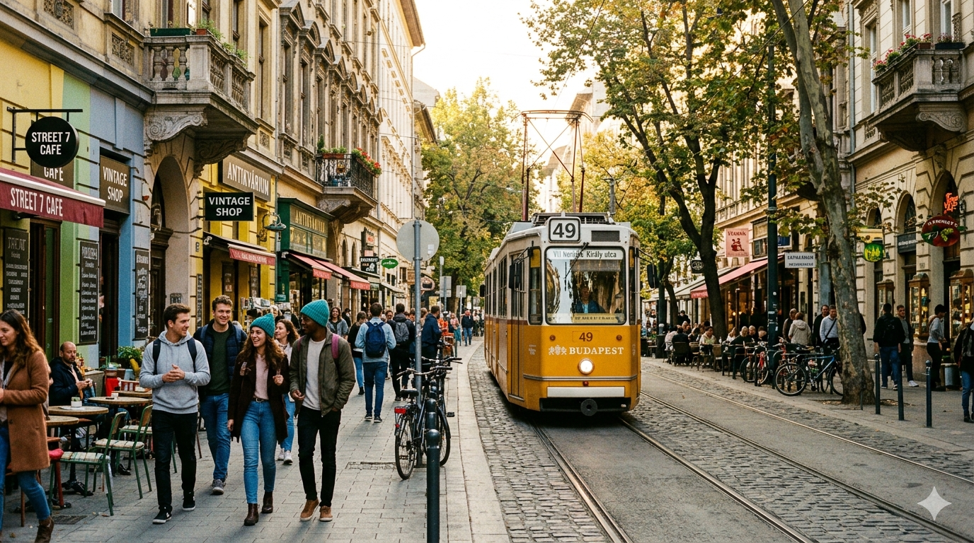 Students walking past cafes and a yellow tram on a lively tree-lined street in central Budapest