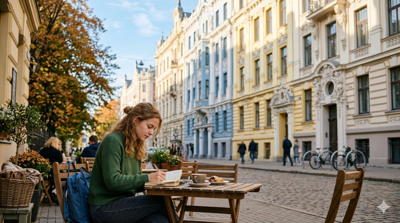 Student with a notebook and coffee at an outdoor cafe in front of Riga's pastel Art Nouveau buildings
