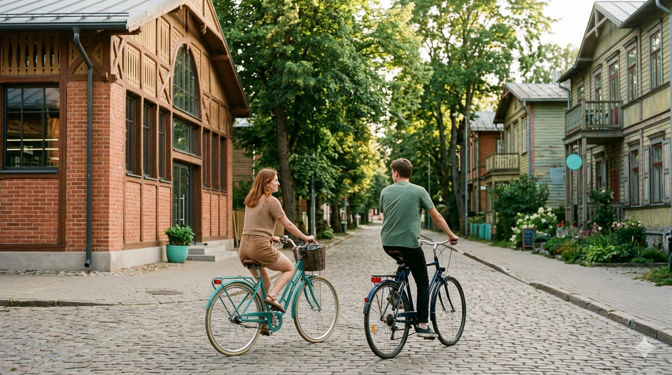 Students cycling past wooden houses and a market hall in Riga's leafy Agenskalns neighbourhood