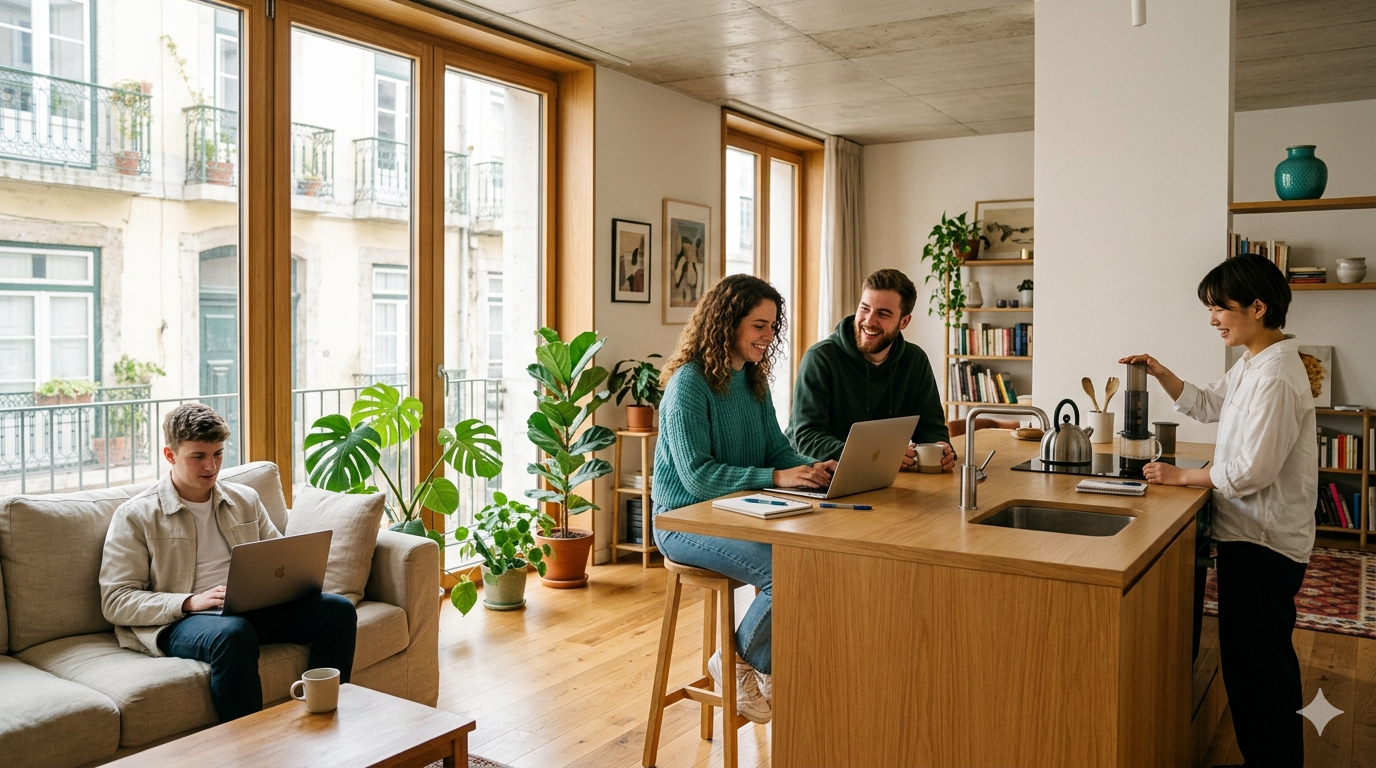 International students relaxing together in a bright modern coliving common space with a shared kitchen