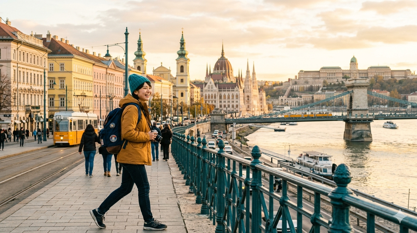 Student with a backpack walking through a Central European city at golden hour with pastel buildings and a river
