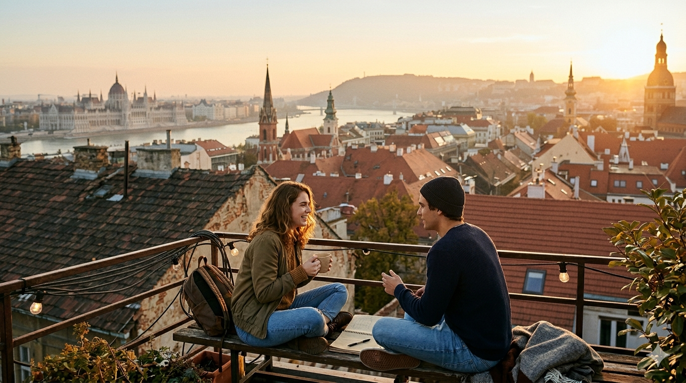 Two students sitting on a rooftop at golden hour, looking out over Budapest's skyline with church spires and the Danube in the distance.