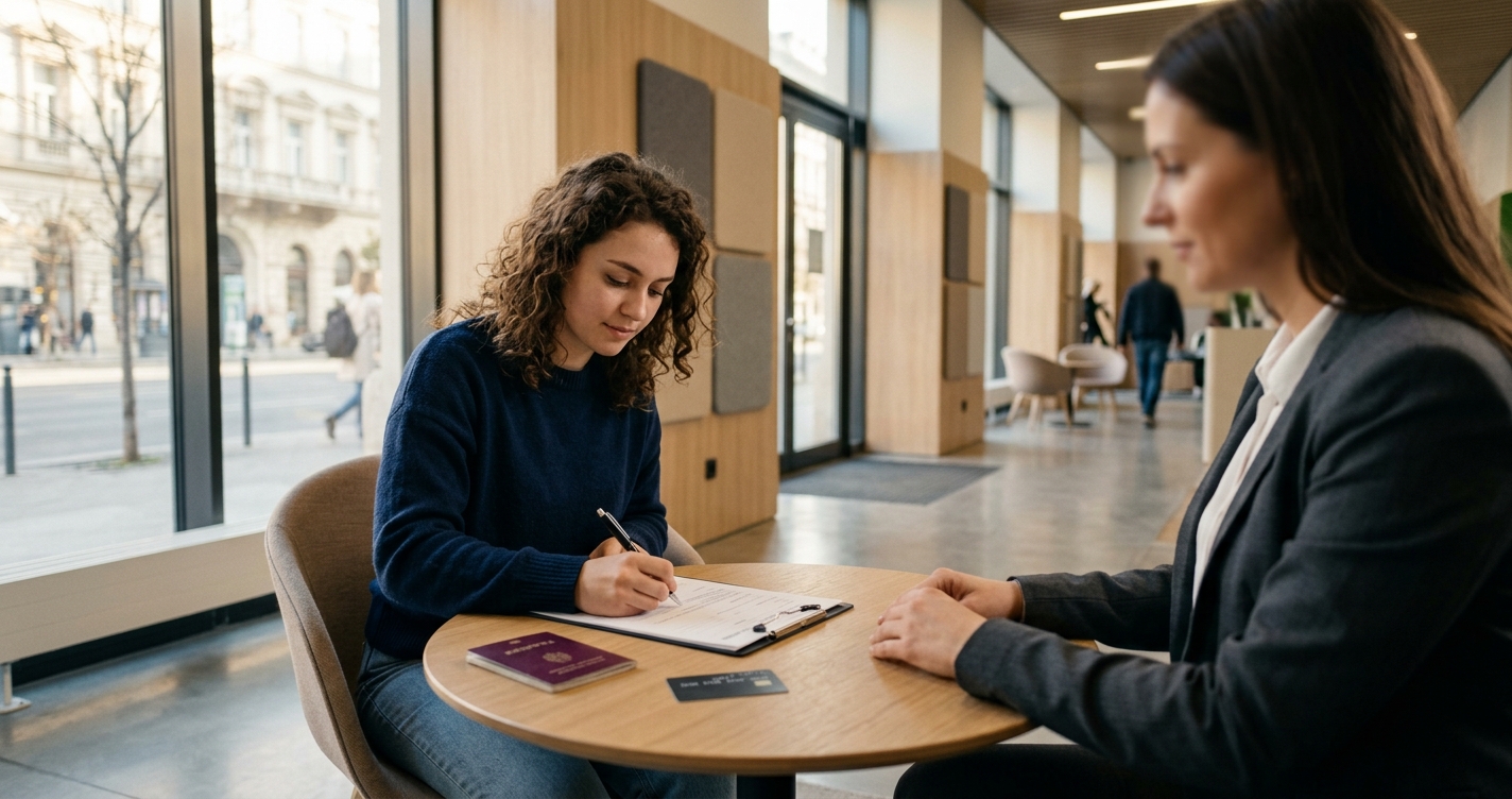 Student filling out paperwork with a passport and bank card on the table, seated across from a bank advisor in a bright modern branch interior