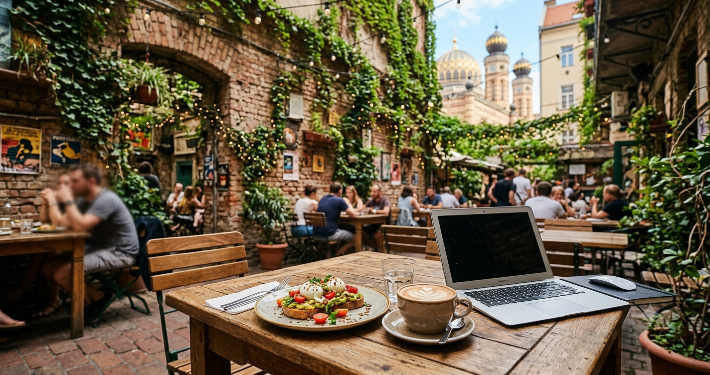 Brunch table with avocado toast, latte art and a laptop in a leafy, string-lit courtyard cafe in Budapest's Jewish Quarter, with the Dohány Street Synagogue domes visible behind