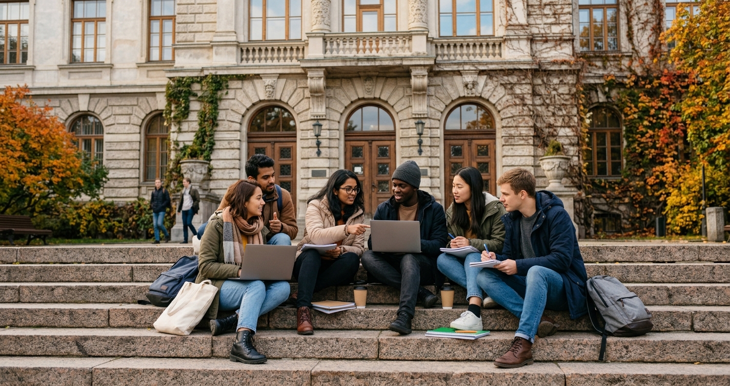 Group of international students sitting on the steps of a university building in Riga, laptops and notebooks open, deep in discussion on an autumn afternoon