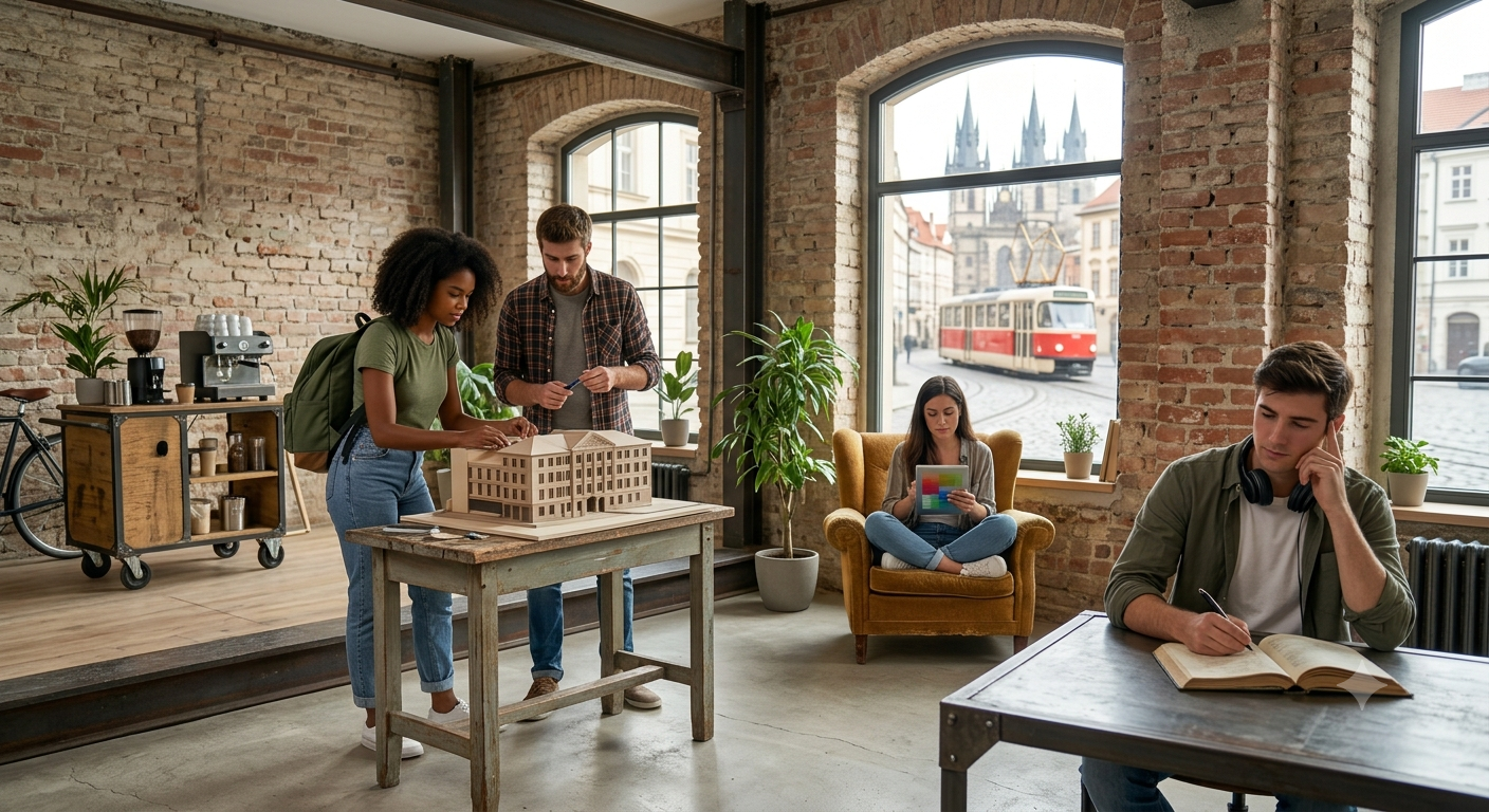 Students working together in a bright industrial coworking space with exposed brick, a red tram and church spires visible through the window