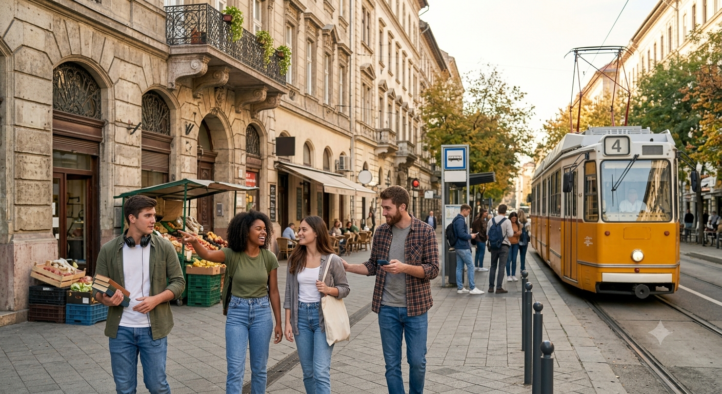 Students walking past a produce market stall and boarding Budapest's yellow number 4 tram on a tree-lined street