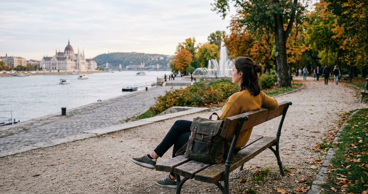 Student sitting on a park bench along the Danube in Budapest, backpack beside her, with the Parliament building and river visible across the water on an autumn afternoon