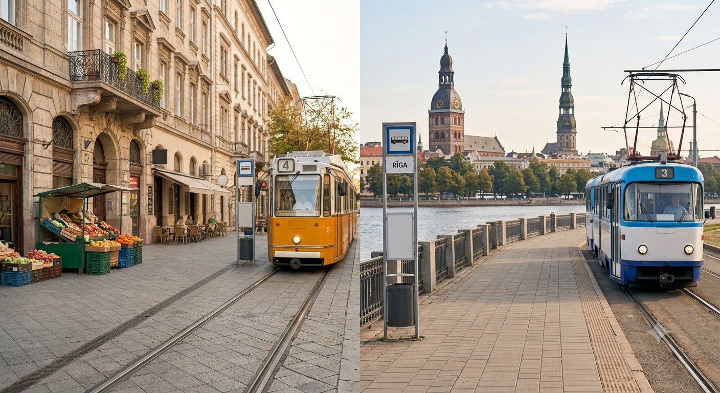 Split image of Budapest's yellow tram 4 by a street market beside Riga's tram 3 on the riverfront with cathedral spires in the background