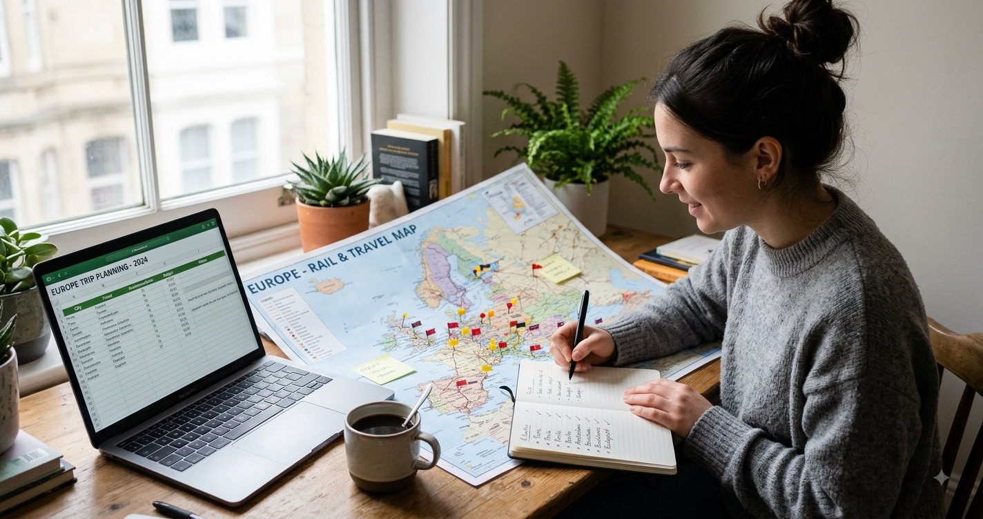 Student comparing European cities using a wall map with pinned locations, a laptop spreadsheet and a handwritten notebook list, coffee on the desk