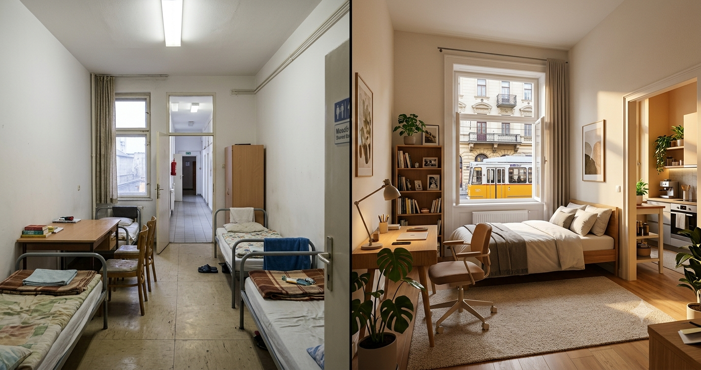 Split image comparing a worn shared university dorm room with fluorescent lighting in Budapest to a bright, private coliving bedroom with a view of the yellow tram 4