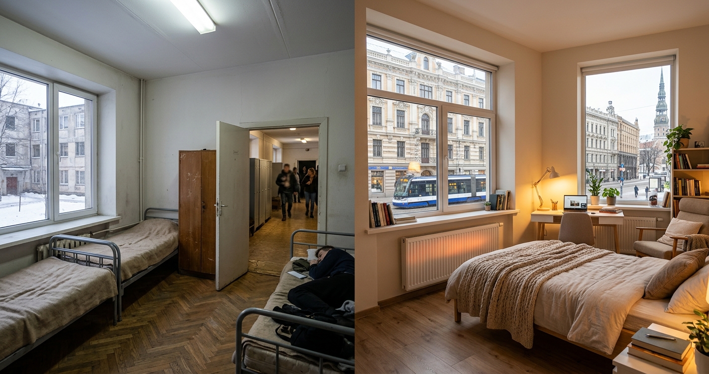 Split image comparing a cold, snowy shared university dorm room in Riga to a warm, private coliving bedroom with a view of the tram and cathedral spire