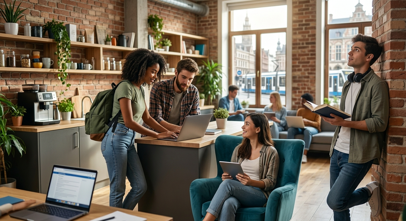 Students working and socializing together in a bright, industrial-style Fuse coliving lounge with exposed brick and a tram passing outside