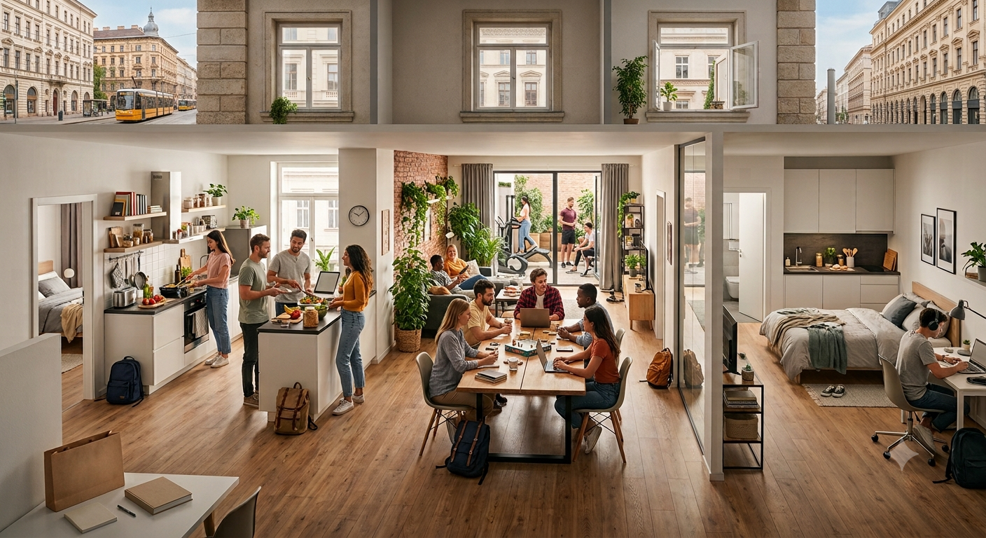 Cutaway view of a shared apartment building showing students cooking in a kitchen, working at a communal table, exercising in a home gym, and relaxing in a furnished bedroom