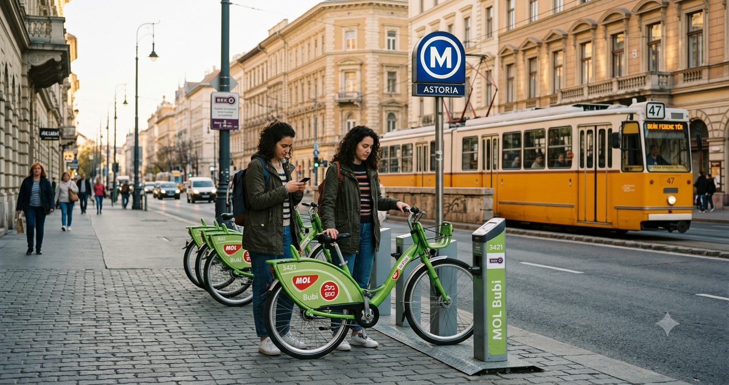 Student unlocking a MOL Bubi bike-share bicycle beside the Astoria metro entrance, with a classic yellow Budapest tram passing behind