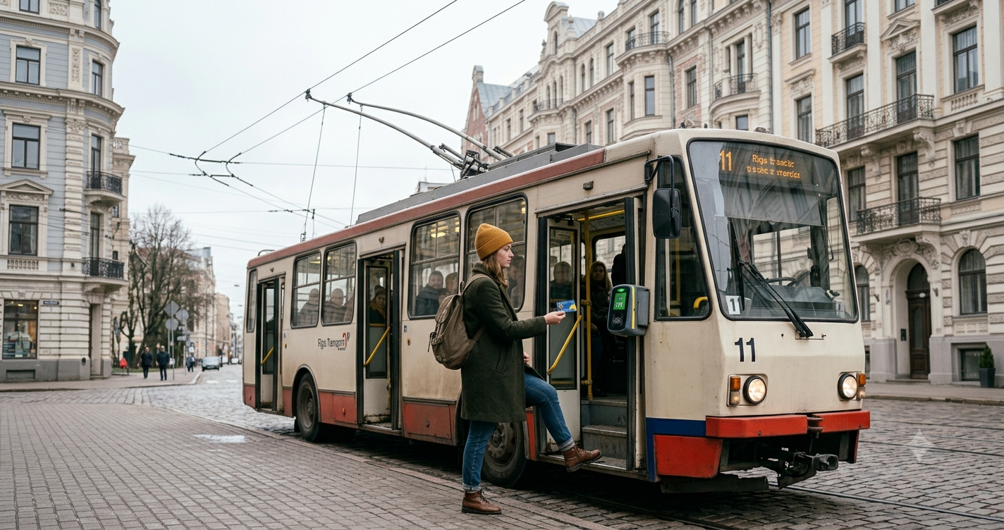 Student boarding a Riga trolleybus with a transit card in hand, overhead wires visible, ornate apartment buildings lining the cobbled street
