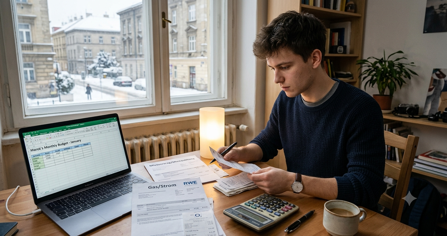Student reviewing bills and a budget spreadsheet at a desk with a calculator and coffee, snowy Central European street and a radiator visible through the window