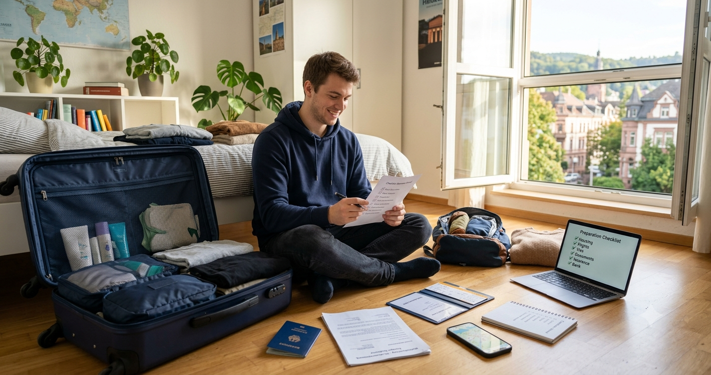 Student sitting cross-legged on the floor beside a packed suitcase, smiling while checking a printed list, with a passport, documents and a laptop showing a preparation checklist spread out around him