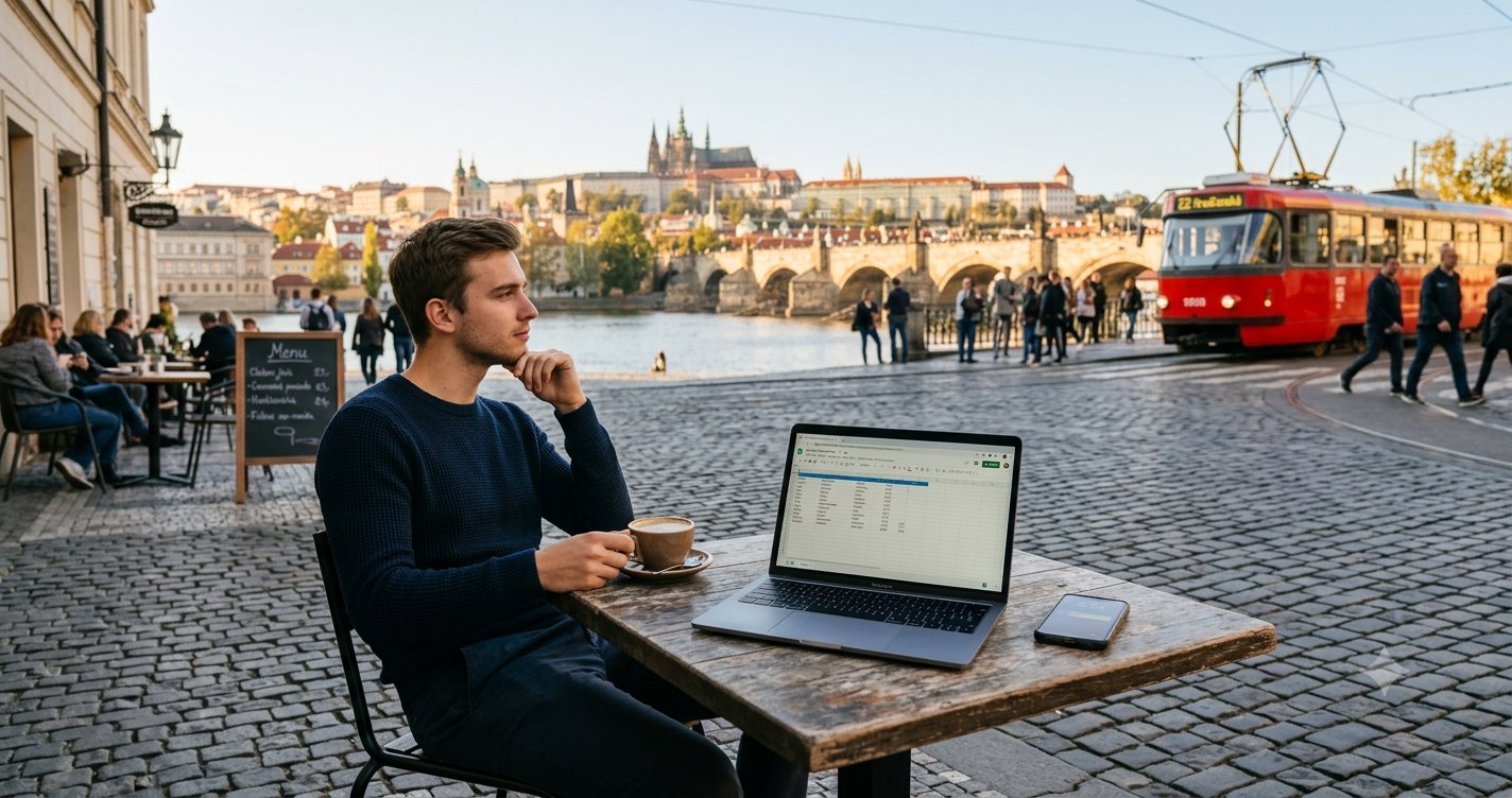 Student sitting thoughtfully at an outdoor cafe table with a coffee and laptop budget spreadsheet, Charles Bridge and Prague Castle in the background with a red tram passing