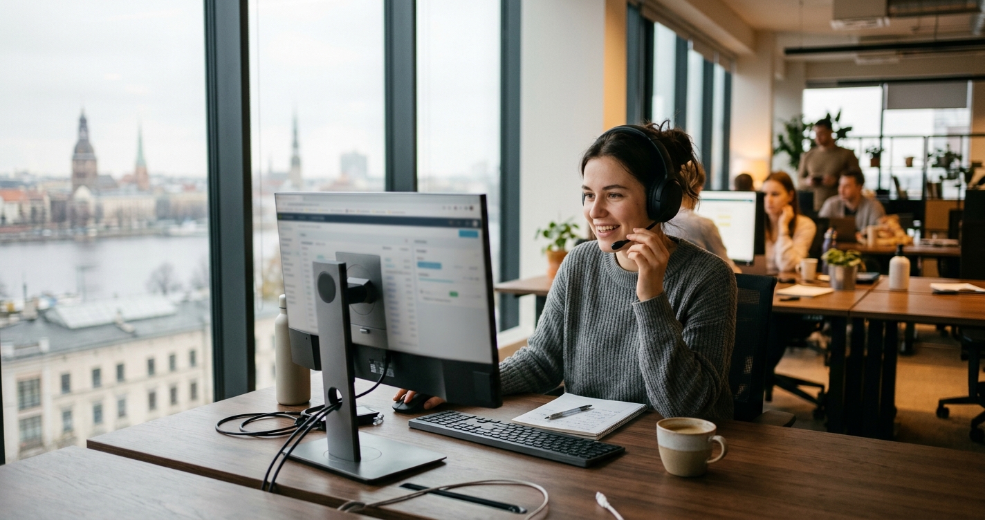 Student working at a desk with a headset and computer in a bright open-plan office, Riga's cathedral spires and rooftops visible through the window behind her