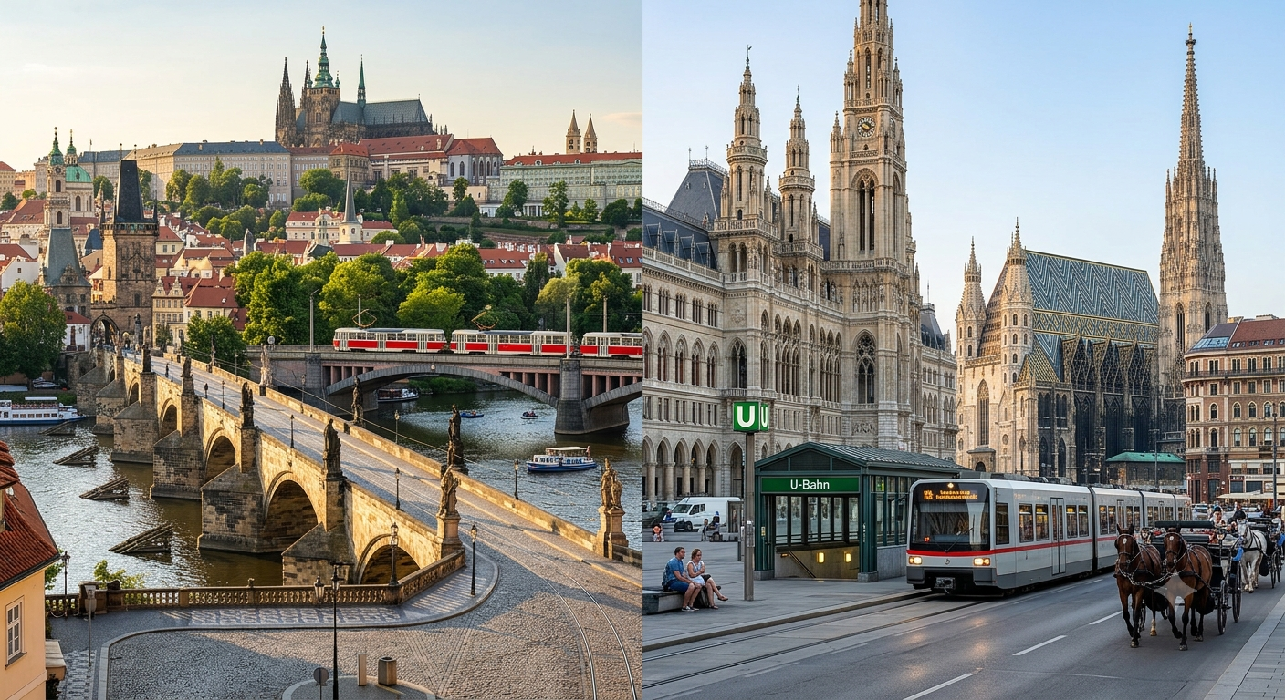 Split image of Prague's Charles Bridge and hilltop castle beside Vienna's City Hall, St. Stephen's Cathedral and a U-Bahn tram stop
