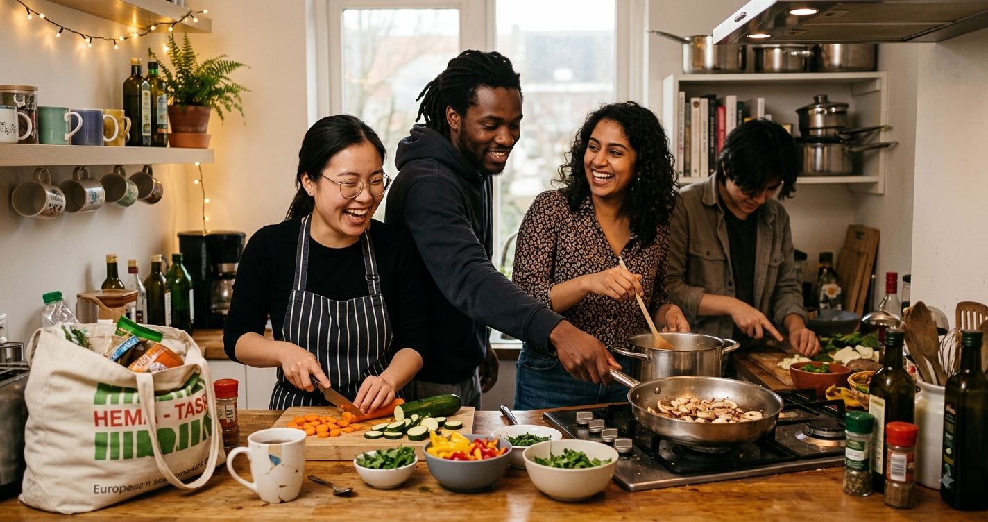 Four roommates laughing and cooking together in a warm shared kitchen, chopping vegetables and stirring a pan on the stove