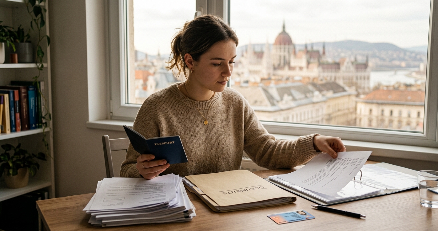 Student reviewing a passport and residence permit documents at a desk, with Budapest's Parliament building visible across the river through the window