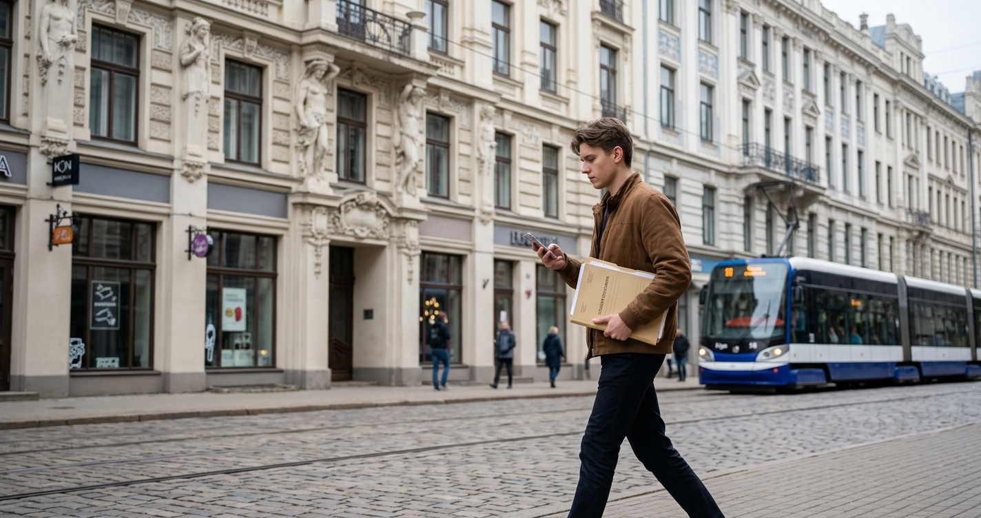 Student walking along a cobbled Riga street checking their phone, holding a folder of documents, with a tram passing ornate Art Nouveau buildings behind